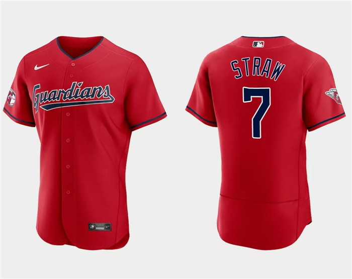 Men's Cleveland Guardians #7 Myles Straw Red Flex Base Stitched Jersey - Click Image to Close